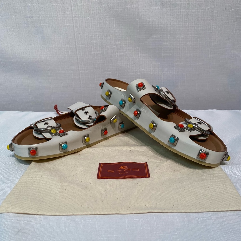 Etro Crown Me Sandals White Leather Stone Embellished Strappy Size EU 40 DUSTBAG